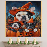 French Bulldog Halloween Canvas Wall Art with Pumpkins and Witch Hats Rustic Fall Accent for Autumn Homes on Ready to Hang 1.5" Thick Canvas Wrap, Floating Framed Canvas, Flat Rolled Canvas